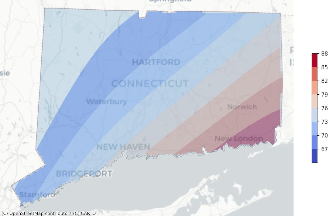 Connecticut tropical cyclone risk heat map: Regions color-coded based on frequency of hurricanes and tropical storms, weighted by wind speed, derived from NOAA's historical cyclone track data